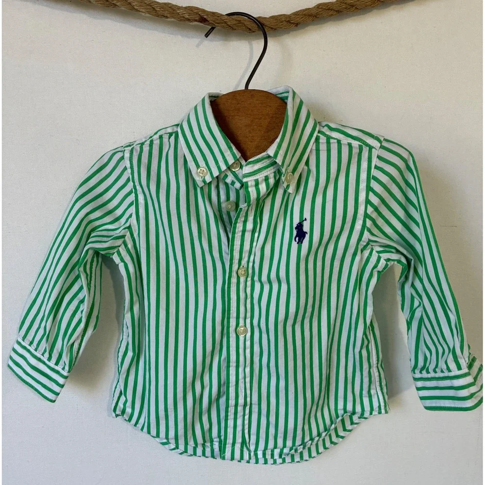 Ralph Lauren Button Down Striped Long Sleeve Baby 9M Green Excellent